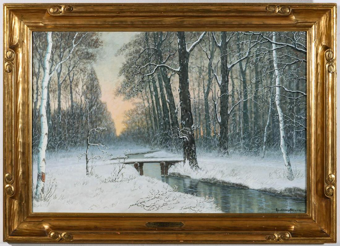 GULBRAND SETHER (1869-1941) FINELY FRAMED WORK ON PAPER: Gulbrand Sether (1869-1941) Sunset, Winter - Tyringen, Germany (Winter Glory) (Circa 1931) The watercolor and gouache painting on heavy paper displayed in a notable hand carved frame with custom corne