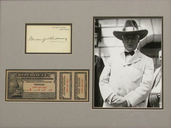 THE WINNING TICKET, 1920 WARREN G. HARDING CAMPAIG: Warren G. Harding signature; picture of Harding and Republican National Conventional Ticket From 1920 Convention. Framed measurements of 12 x 16 inches in standard frame package, genuine black & white