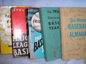 Five books on baseball: Meany. Baseball's Greatest Hitters. NY: A. S. Barnes, [1950]. Some underlining in red pencil. DJ. AND Allen, Ethan. Major League Baseball. NY: Macmillan, 1939. 3rd printing. Bottom edge of cover dampe
