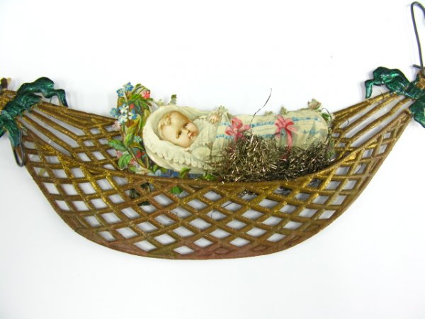 4 DIE CUT & TINSEL CARDBOARD CHRISTMAS ORNAMENTS: Includes a 6 x 4.5 inch angel, two 2.5 x 7.5 inch babies in hammocks, and a 3 x 3.5 inch hen in basket cardboard ornament.