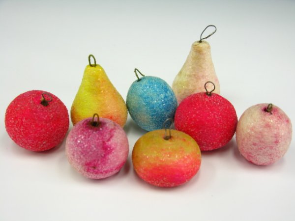 8 VICTORIAN COTTON CHRISTMAS ORNAMENTS CHERRY, PEAR, PE: Includes 3 red cherries, purplish and yellowish pears, blueberry. All about 1.5 - 2 inches.