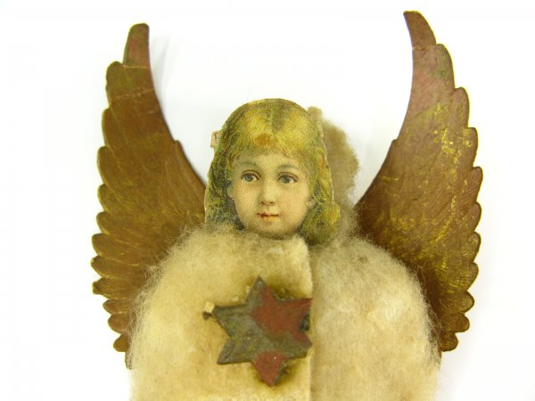 VICTORIAN COTTON ANGEL CHRISTMAS ORNAMENT: Measures 5.5 inches, white cotton cloak with single Dresden star, die cut gilded wings, chromolitho face, thread hanger.