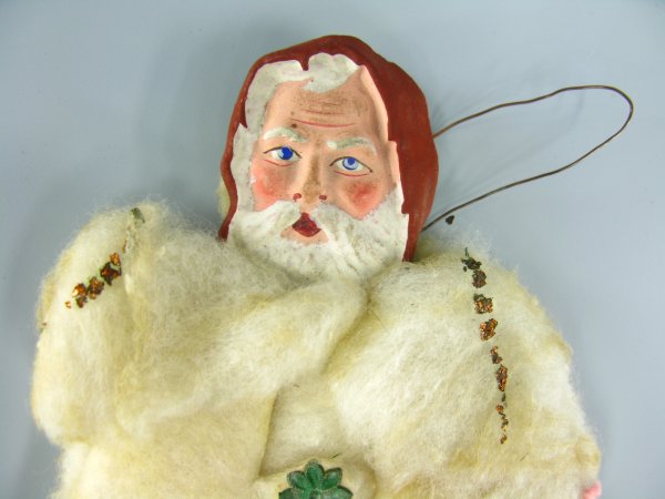 BISQUE & COTTON SANTA CLAUS CHRISTMAS ORNAMENT: Measures 9.5 inches, Dresden stars on cotton cloak, painted bisque face.