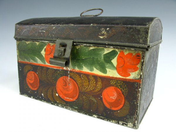 FINE 19TH CENTURY TOLEWARE DOME TOP BOX: Hinged domed lid with handle to top, latch to front. Measures 6 x 8.75 inches. Pomegrante design and leaves on ivory band.