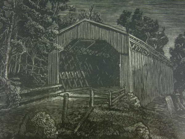 4 SIGNED DUARD MARSHALL (BORN 1914) WOOD ENGRAVINGS: Includes two 4.5 x 6.5 inch limited edition prints of "Cedarburg Covered Bridge" (1/100) and "Old Matt's Cabin" (177/350), an unframed 8 x 3 inch white on black "Winter" scene, and "Saint Paul's" (137