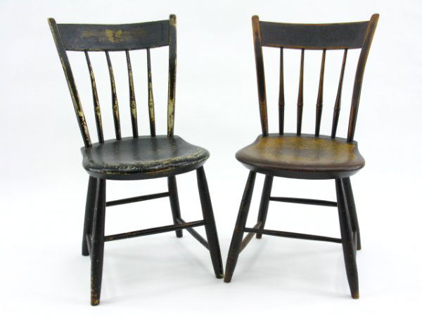 TWO THUMB BACK WINDSOR CHAIRS IN ORIGINAL PAINT: Both with strong remains of original paint decoration on their splats along with pin stripe details, measurements of 32 x 16 x17 inches.