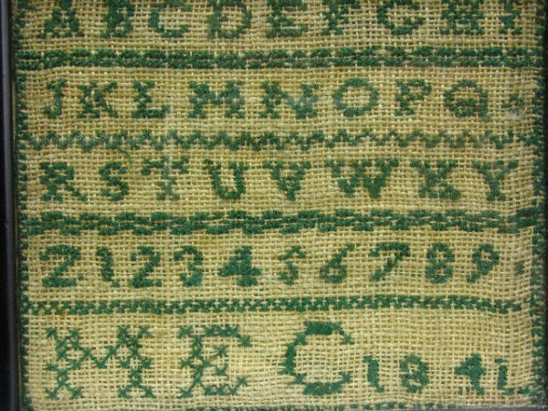 LOT OF THREE SMALL NEEDLEWORK SAMPLERS: Including a 6 x 5 inch piece by Emily Heywood, a 4 x 5 inch piece signed HEC, 1841, Betsy Peteer(?) 1816, plus a Berlin work piece with birds in a tree, 6 x 5 inches.