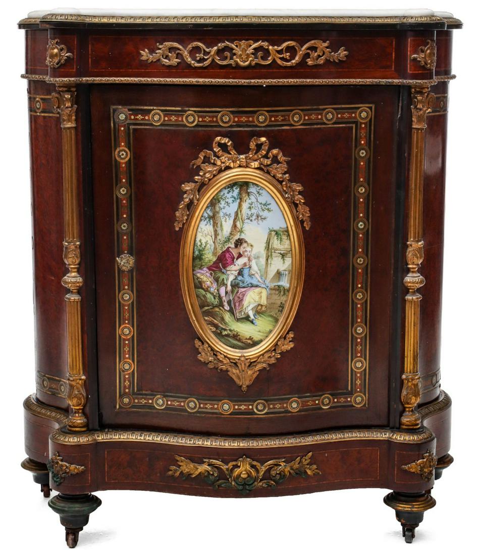 A 19TH C. FRENCH BRONZE MOUNTED CABINET SIGNED DIEHL: Charles Guillaume Diehl (1811-1885) Circa 1860 The finely shaped marble top with coved edge enclosed by a dentilated bronze frame on conforming case with serpentine front and sides, ormolu bronze 3/4 