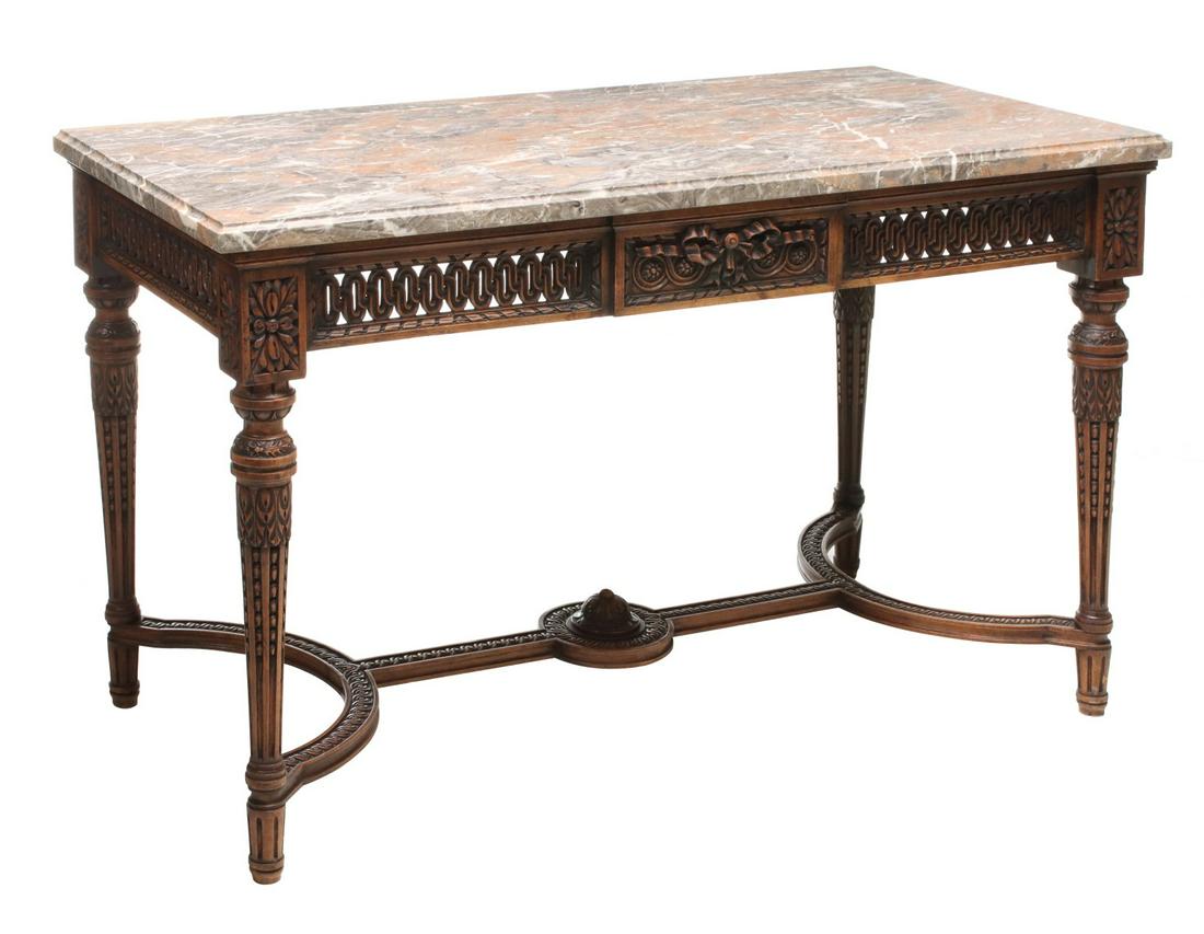 HIGHLY CARVED AND 3-COLOR MARBLE LOUIS XVI STYLE TABLE: The highly carved hardwood console table with thick three-color marble top having molded edge set upon a highly carved wood frame with pierce-carved skirt of interwoven undulating ribbon design and fo