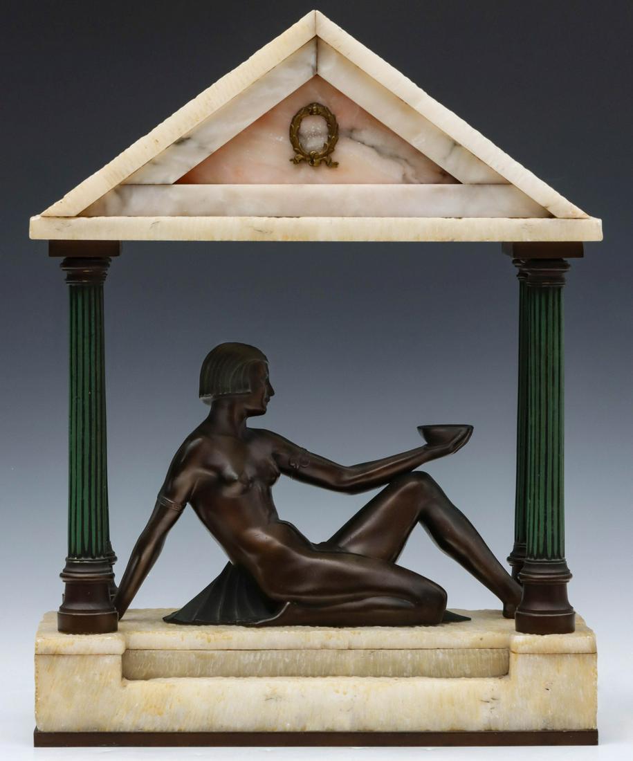 AN ART DECO LIGHTED ALABASTER PORTICO WITH BRONZE NUDE: The Classical alabaster portico with patinated spelter columns enclosing the rich brown patinated spelter figure of a reclining nude woman with bobbed hair displaying verdigris embellishments, texture