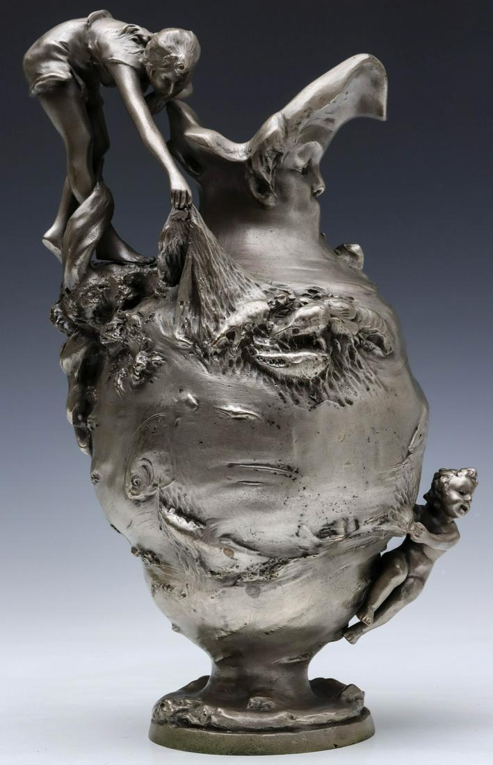A HIGH QUALITY MODERN RE-CAST AFTER AUGUSTE MOREAU: The Art Nouveau casting with figural maiden handle and mask at the spout, the maiden is netting a lobster while other aquatic forms encircle the body of the vessel, a figural putto clings to one side,