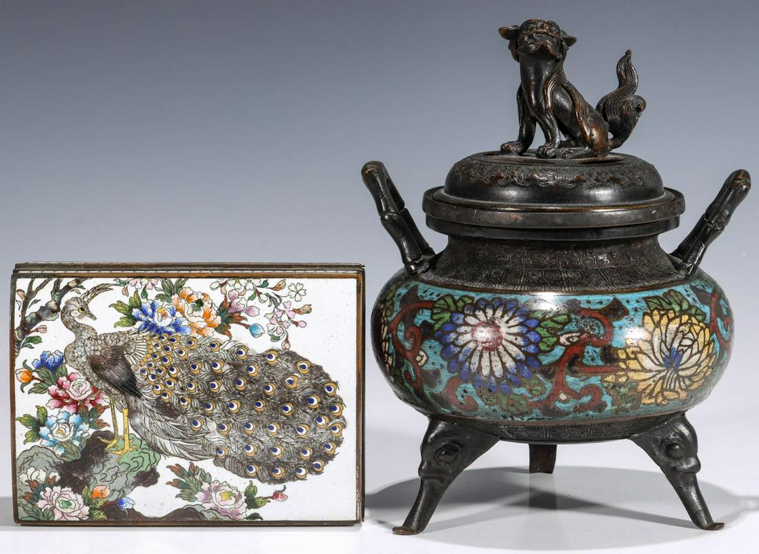 A JAPANESE INABA BOX PAIRED WITH CHINESE CHAMPLEVE: The attractive Inaba box with domed hinged lid and peacock against a white ground is offered along with a Chinese bronze censer with champleve enamel decoration. Censer measures 8 x 6.5 inches. We hap