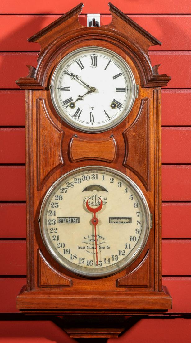 AN ITHACA NO. 6 HANGING LIBRARY WALNUT CALENDAR CLOCK (1 of 10)