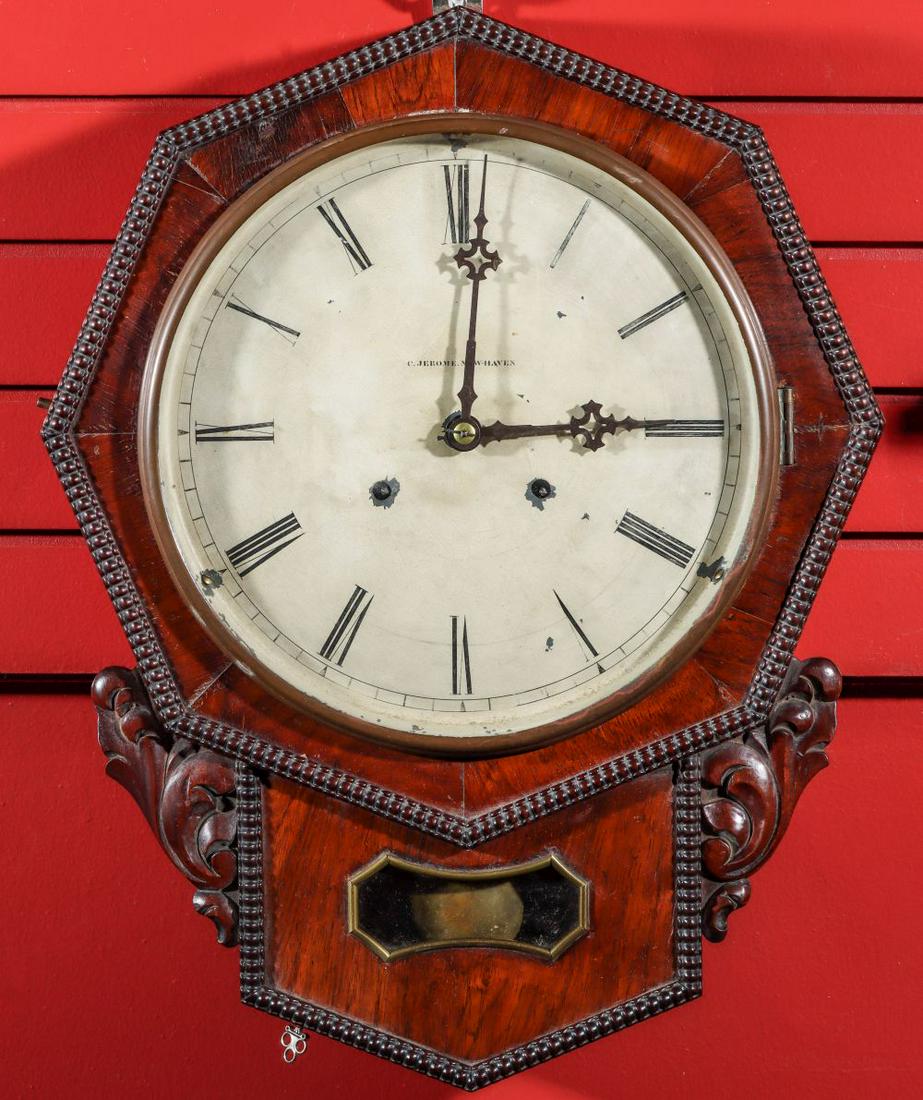 A MID 19TH C. CHAUNCEY JEROME OCTAGON DROP WALL CLOCK (1 of 8)
