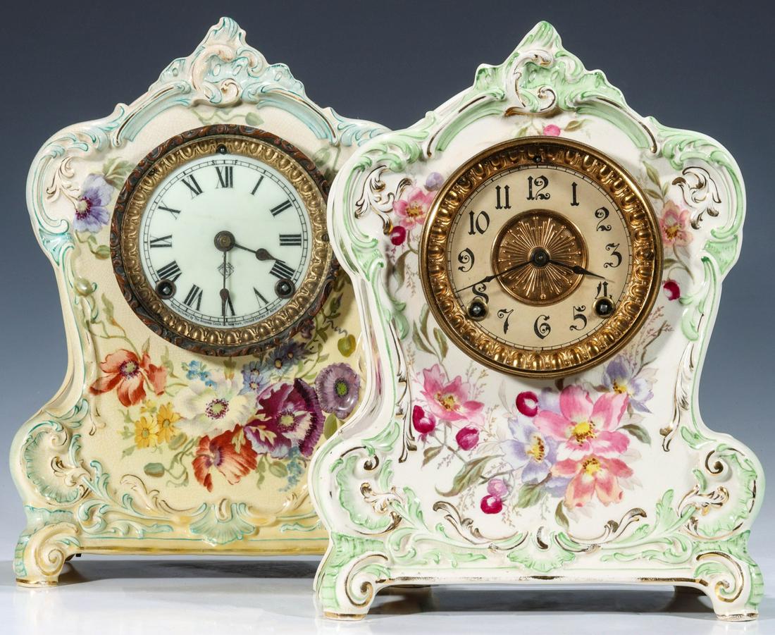TWO DIFFERENT ROYAL BONN LA CLAIR CASE ANSONIA CLOCKS: Two similar models with differing floral decoration, one time and strike model with porcelain enamel dial and the other with original paper dial, each is signed on the movement. Measure 13 x 9 x 5 inc