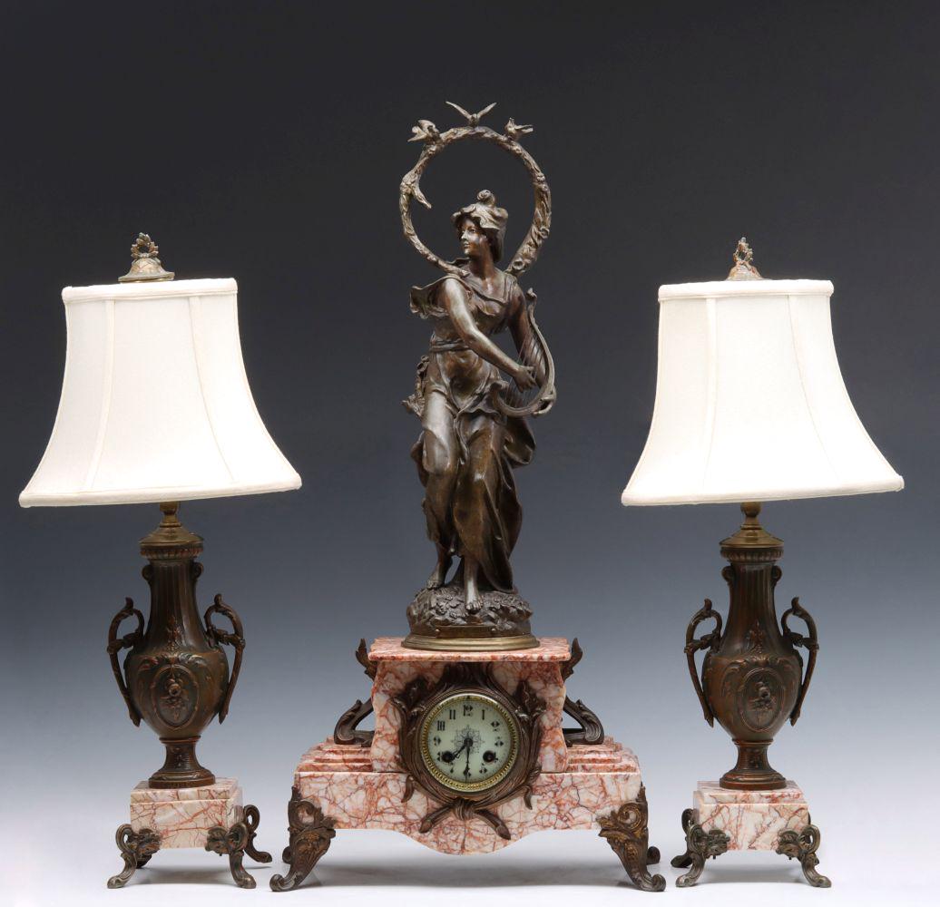 A 19TH CENTURY FRENCH GARNITURE WITH STATUE CLOCK (1 of 20)
