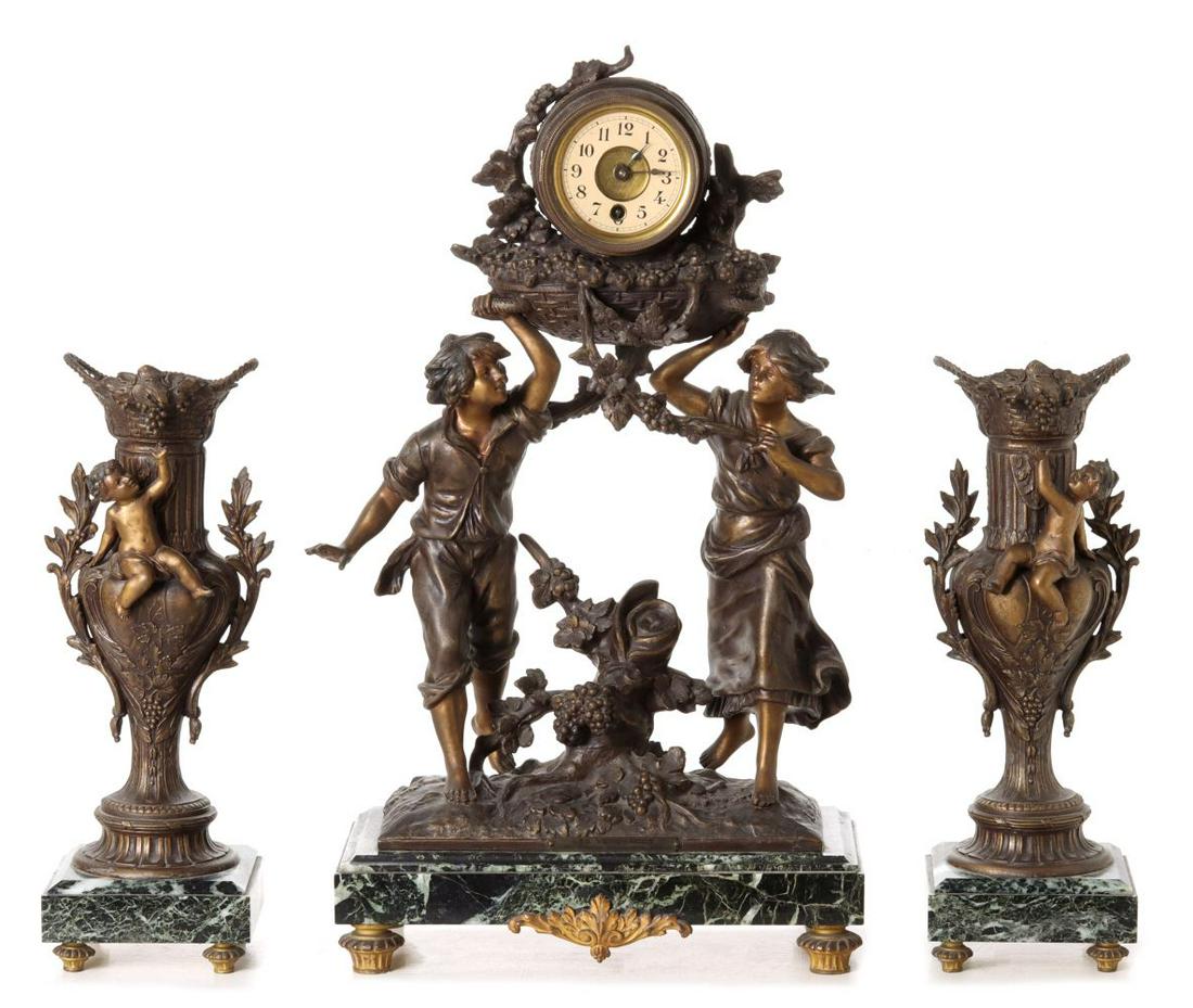 A FRENCH CLOCK GARNITURE WITH STATUE AFTER MOREAU (1 of 20)