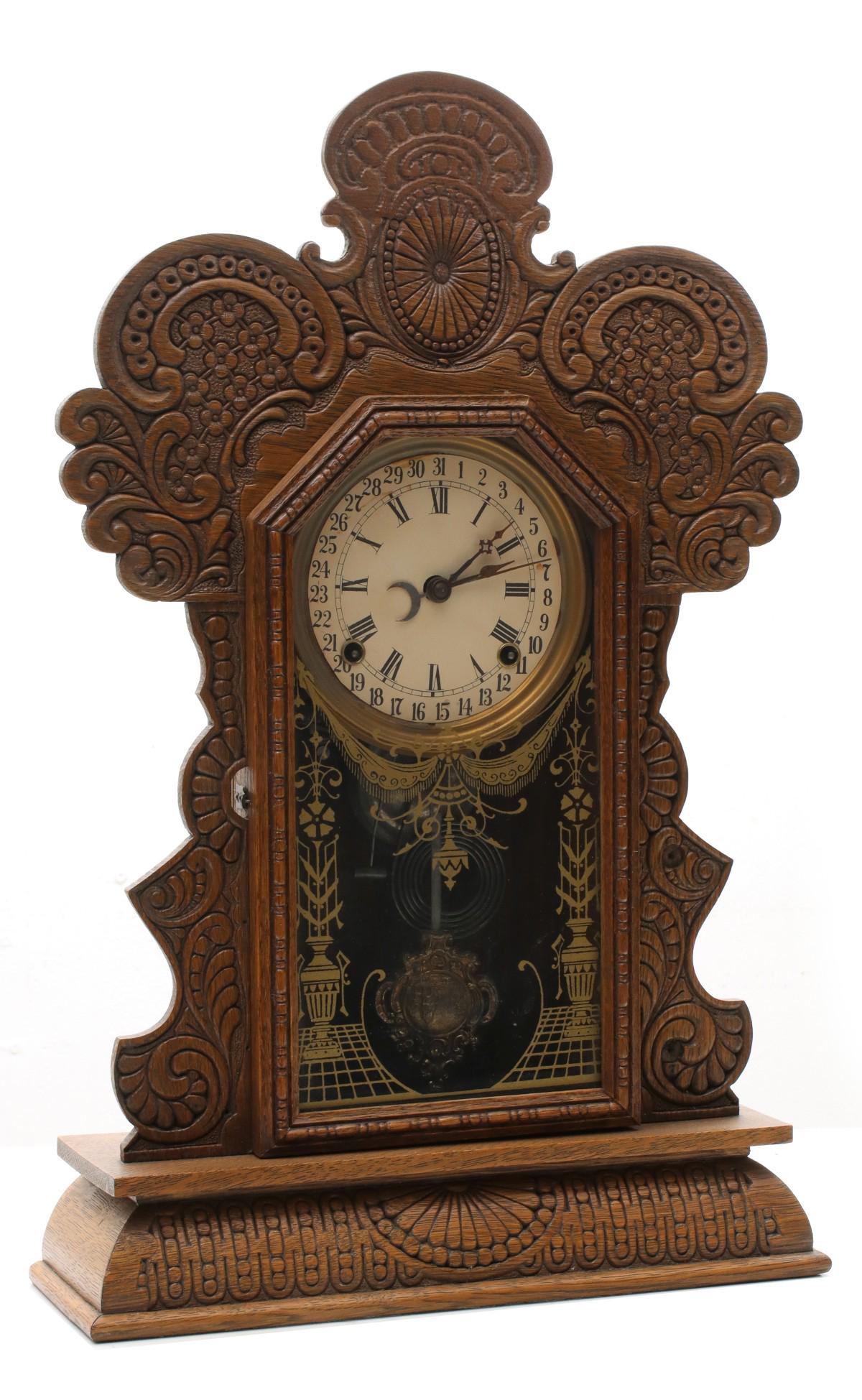 INGRAHAM GILA CALENDAR CLOCK IN FANCY PRESSED OAK CASE (1 of 17)
