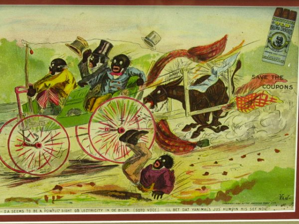 BLACK AMERICANA DUKE'S MIXTURE ADVTG 1902: About 6 x 10.25 inches each, chromolitho Duke's Mixture tobacco advertisements showing a group of black men in mule powered cart - and things going disastrously wrong. One image framed, 10.5 x 14.75 i
