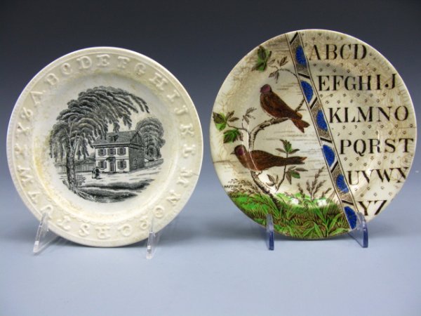 TWO ANTIQUE CHILDRENS' ABC PLATES: One full color plate with letters and birds, other with B&W cottage scene, embossed letters around rim.