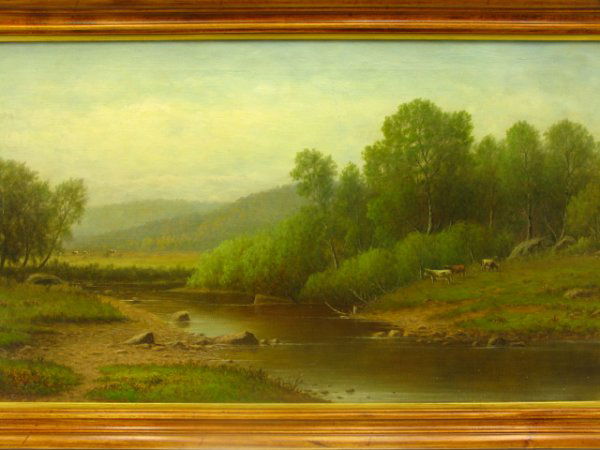 1800'S C.W. KNAPP OIL-ON-CANVAS LANDSCAPE: Measures 20 x 36 inch canvas, 41 x 24.5 inch frame. Charles Wilson Knapp (1823-1900). Pastoral landscape with cows by a brook, rolling hills in the distance.