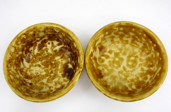 A SET OF SIX YELLOWARE BERRY BOWLS: Each measures 2 x 5 inches, mottled brown glaze, very nice group.