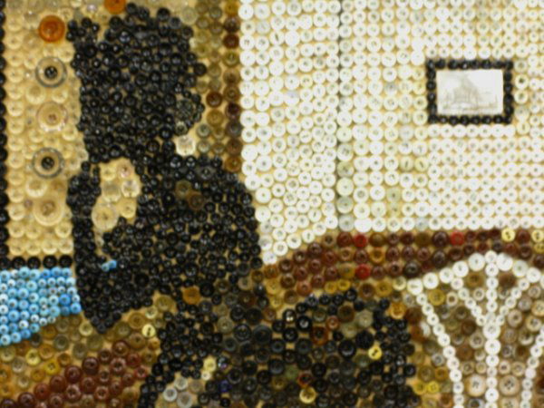 FOLK ART ANTIQUE BUTTON COLLECTION COMPOSITION: Shadowbox frame measures 30.5 x 26 inches.