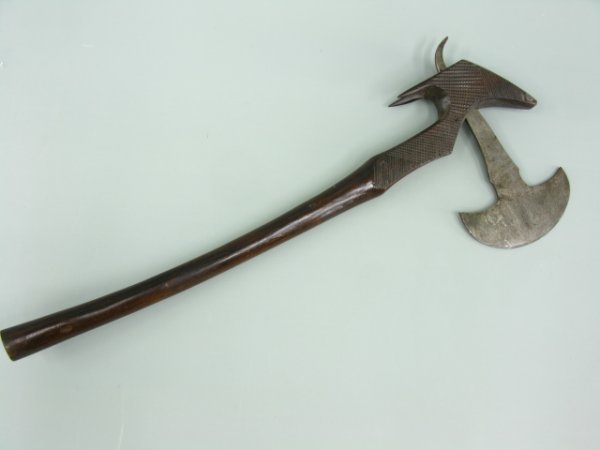 TRIBAL AFRICAN HAND AXE WITH CARVED SHAFT