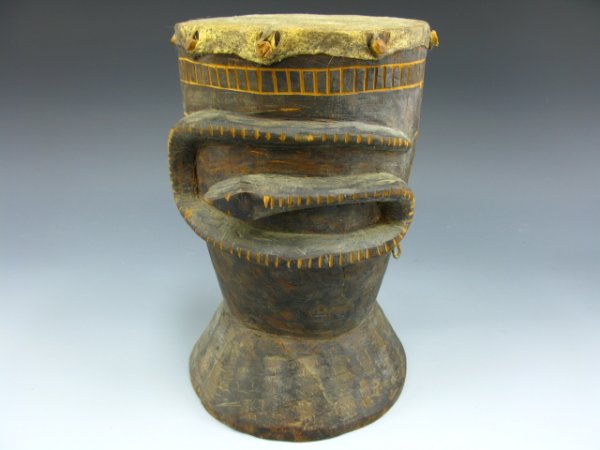 TRIBAL AFRICAN CEREMONIAL SNAKE DRUM: 11 x 7.5 x 7.5 inches. Collected by Quaker missionaries in Kenya during the 1920's.