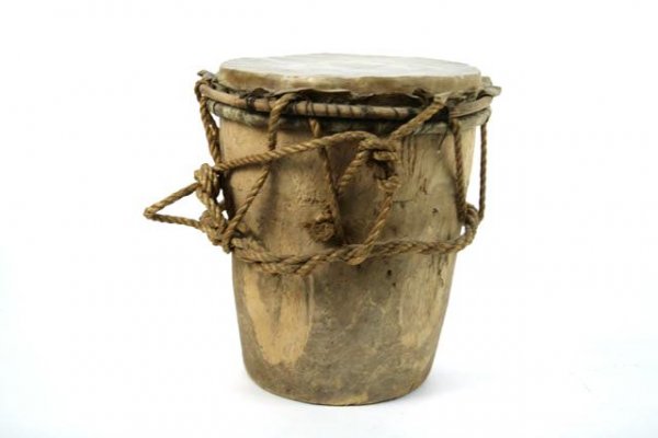 TRIBAL AFRICAN RAWHIDE & WOOD DRUM: Measures about 12 x 10.5 inches. Great skin head with wood tension band and ropes. Open bottom. Collected by Quaker missionaries in West Kenya around 1930.