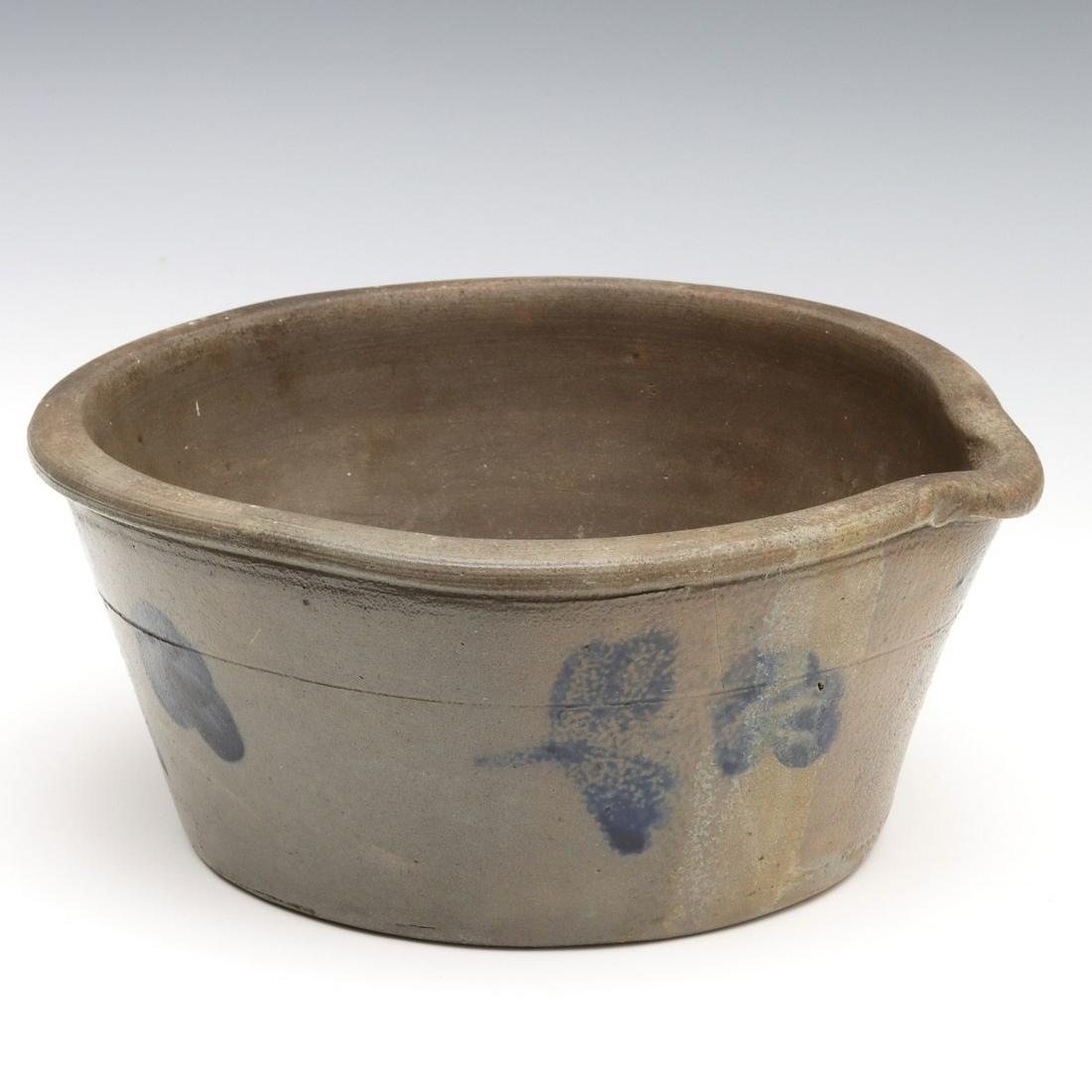 A 19TH CENTURY BLUE DECORATED STONEWARE MILK PAN (1 of 9)