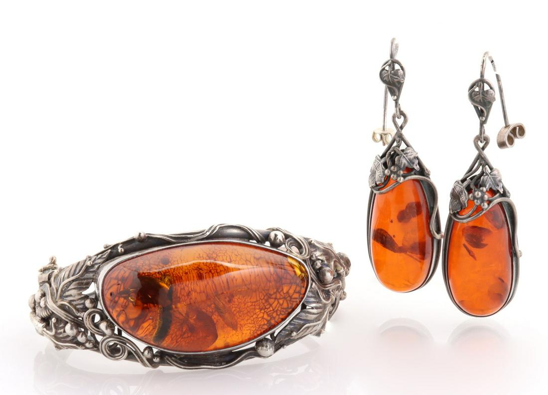 FRENCH STERLING AND BALTIC AMBER BRACELET AND EARRINGS (1 of 9)