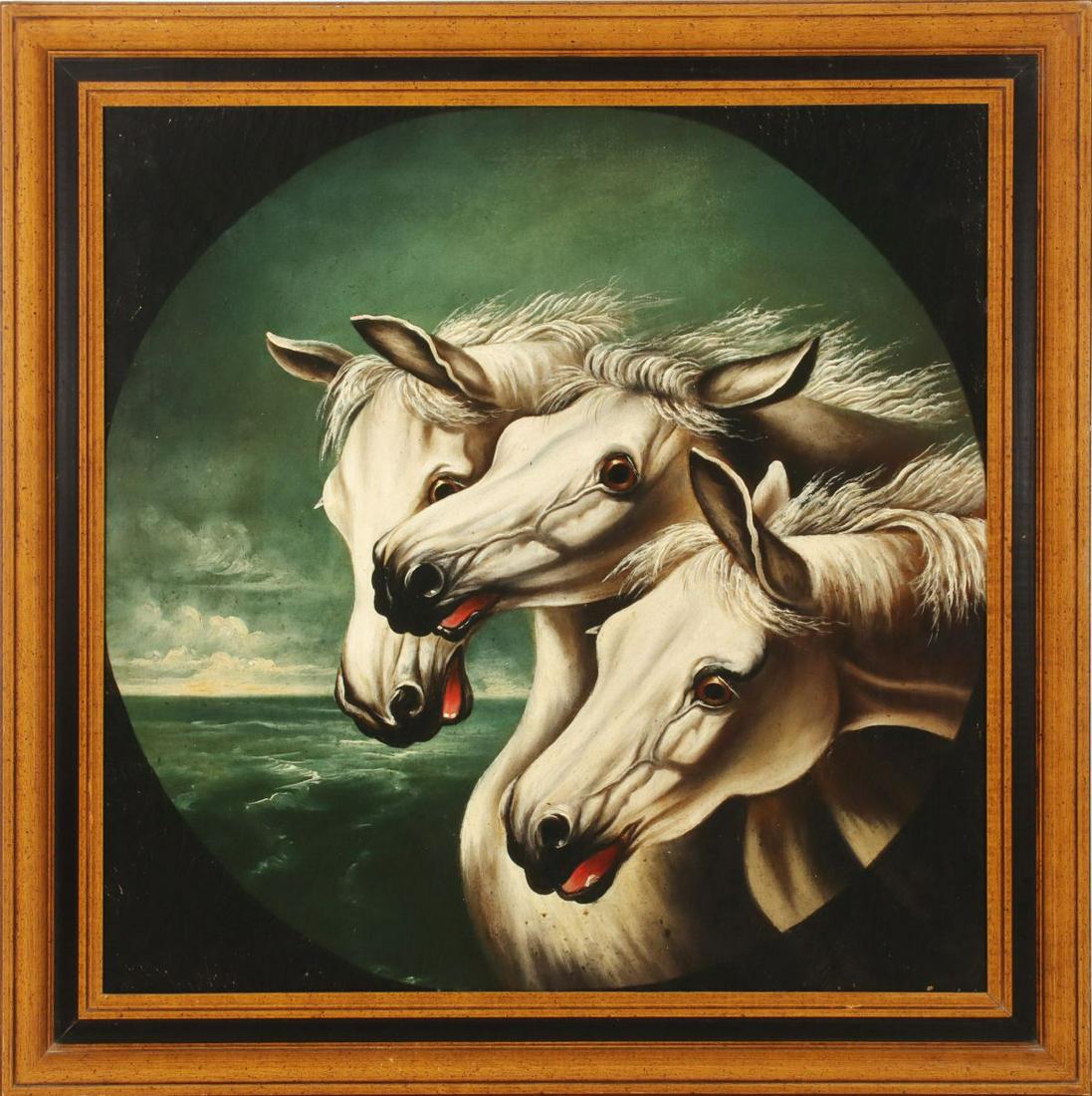 AN OIL ON CANVAS DEPICTION OF THE PHARAOH'S HORSES: Early 20th century. The oil on canvas painting after the oft-copied work by John Frederick Herring, a good rendition by an unknown artist. Measures 31.50 x 31.50 inches. Provenance: The estate of Glen