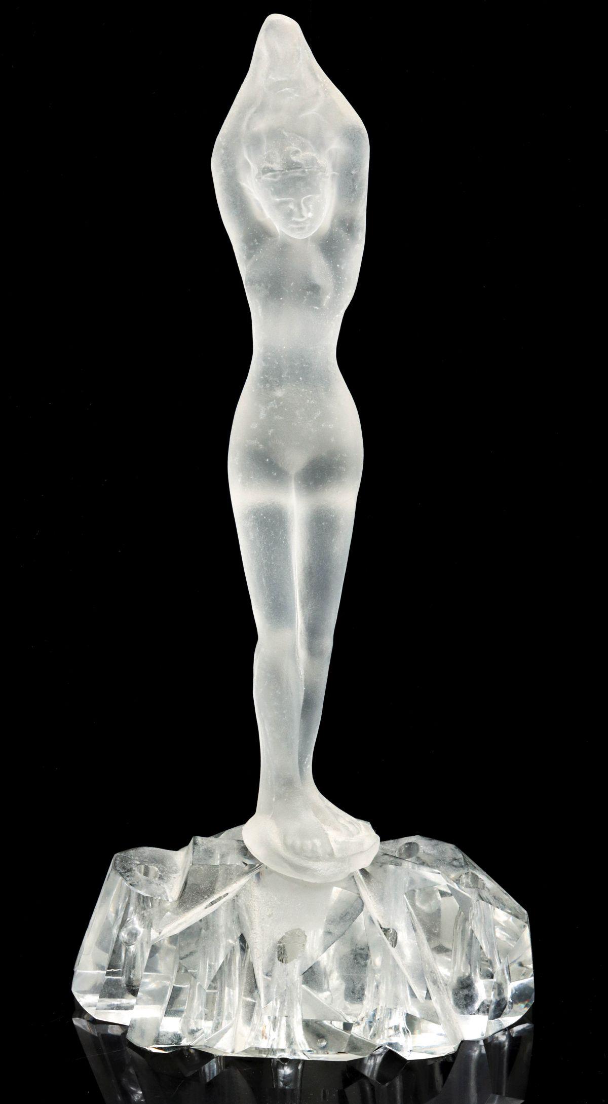 AN ART DECO FROSTED AND CUT BATHER FIGURAL FLOWER FROG (1 of 10)