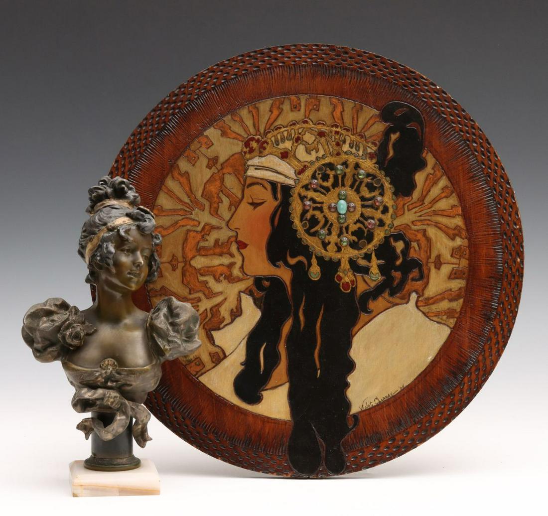 ART NOUVEAU SPELTER BUST AND JEWELED WOOD PLAQUE: The patinated spelter figure of a woman on an onyx base, unsigned, Plus a circular wood plaque with the portrait of a woman inspired by the work of French artist Paul Berthon born in 1872, the pyrogra