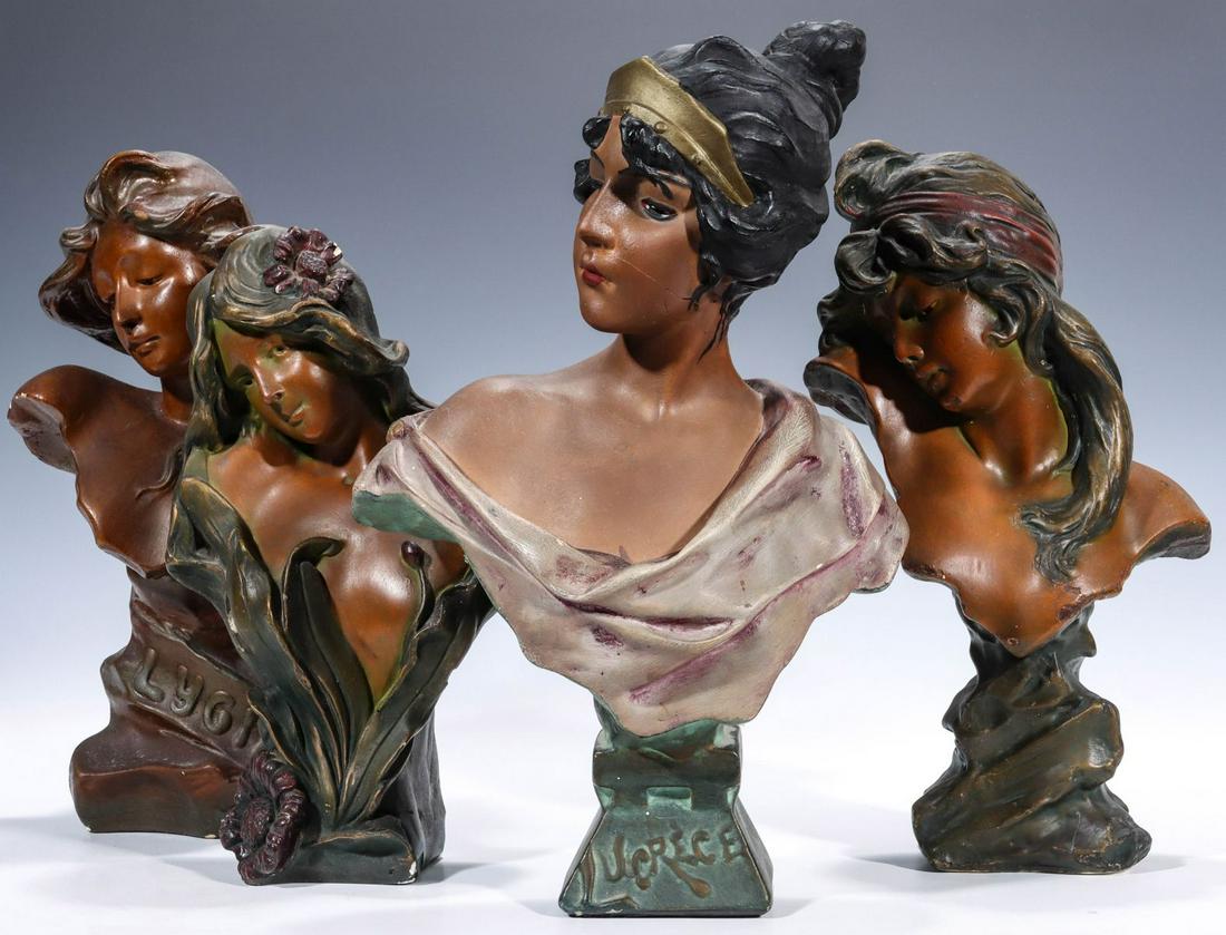 FOUR POLYCHROME ENAMEL PLASTER MAIDEN BUST FIGURES (1 of 16)
