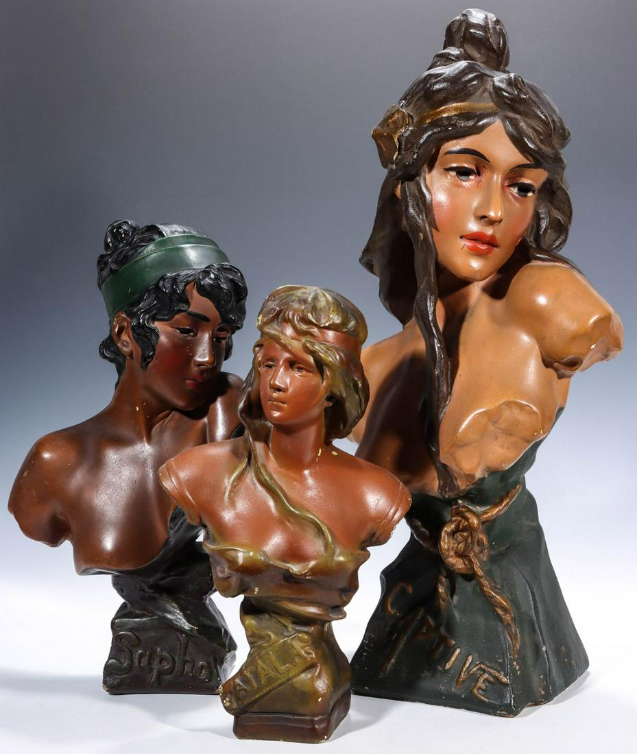 THREE POLYCHROME ENAMEL PLASTER MAIDEN BUST FIGURES (1 of 14)