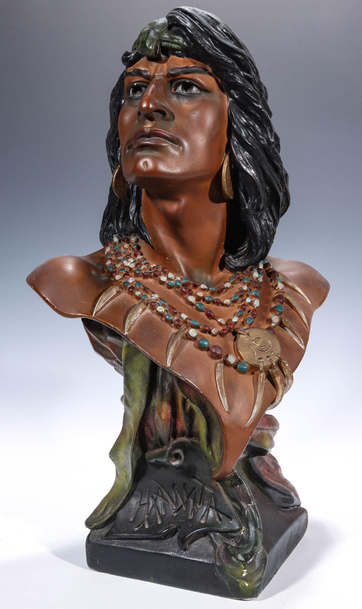 EARLY 20C. POLYCHROME PLASTER CIGAR STORE INDIAN BUST: The countertop figure of Hiawatha titled as such. Measures 19.50 x 13 x 8 inches. Provenance: The estate of Glenda St. John. We happily provide seamless in-house packing and shipping services on nearl