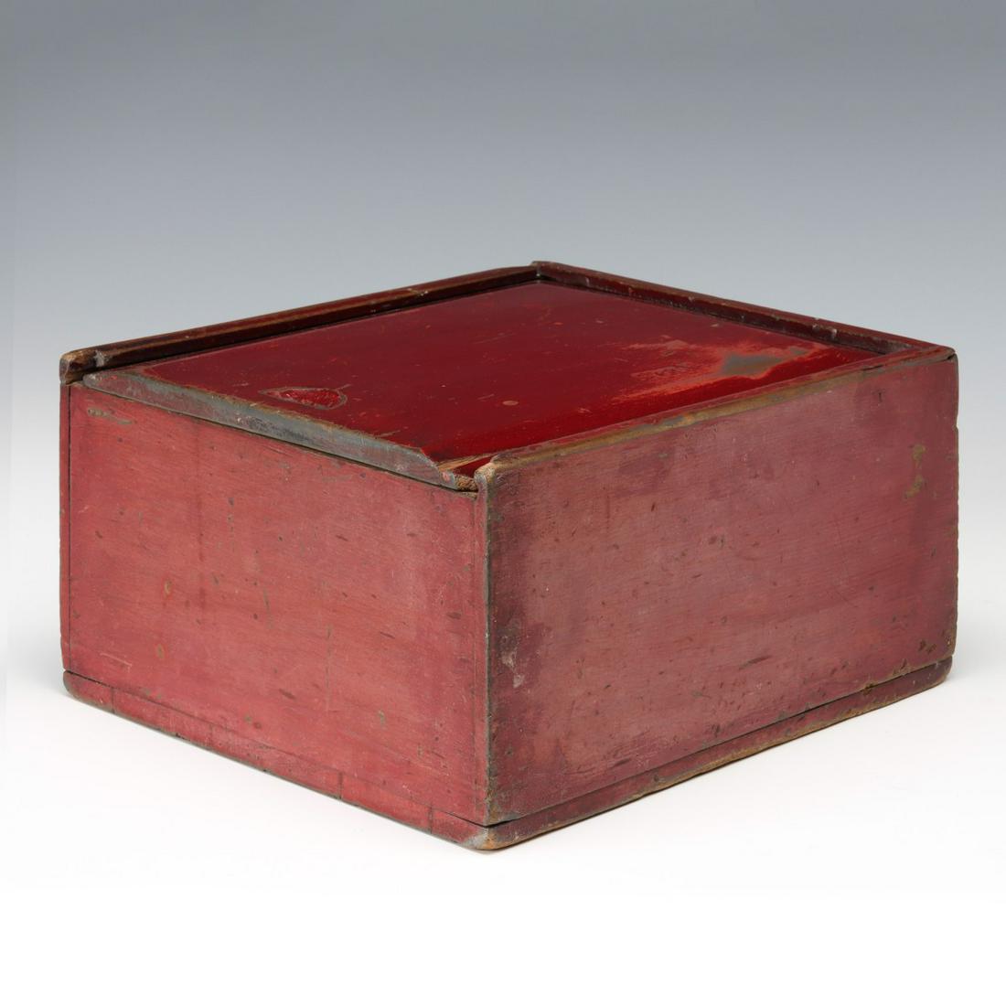 A GOOD 19TH C. SLIDE TOP CANDLE BOX IN OLD RED PAINT (1 of 13)
