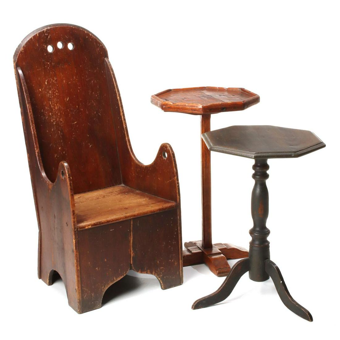 A 19TH C STAINED PINE CHILD'S LAMBING CHAIR, TWO STANDS (1 of 6)