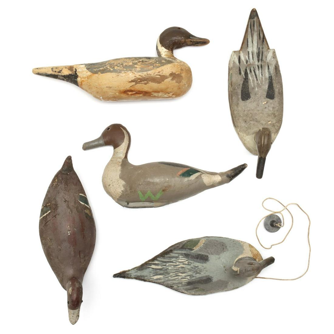 FIVE VARIOUS PAINTED WOOD & CANVAS PINTAIL DUCK DECOYS (1 of 19)