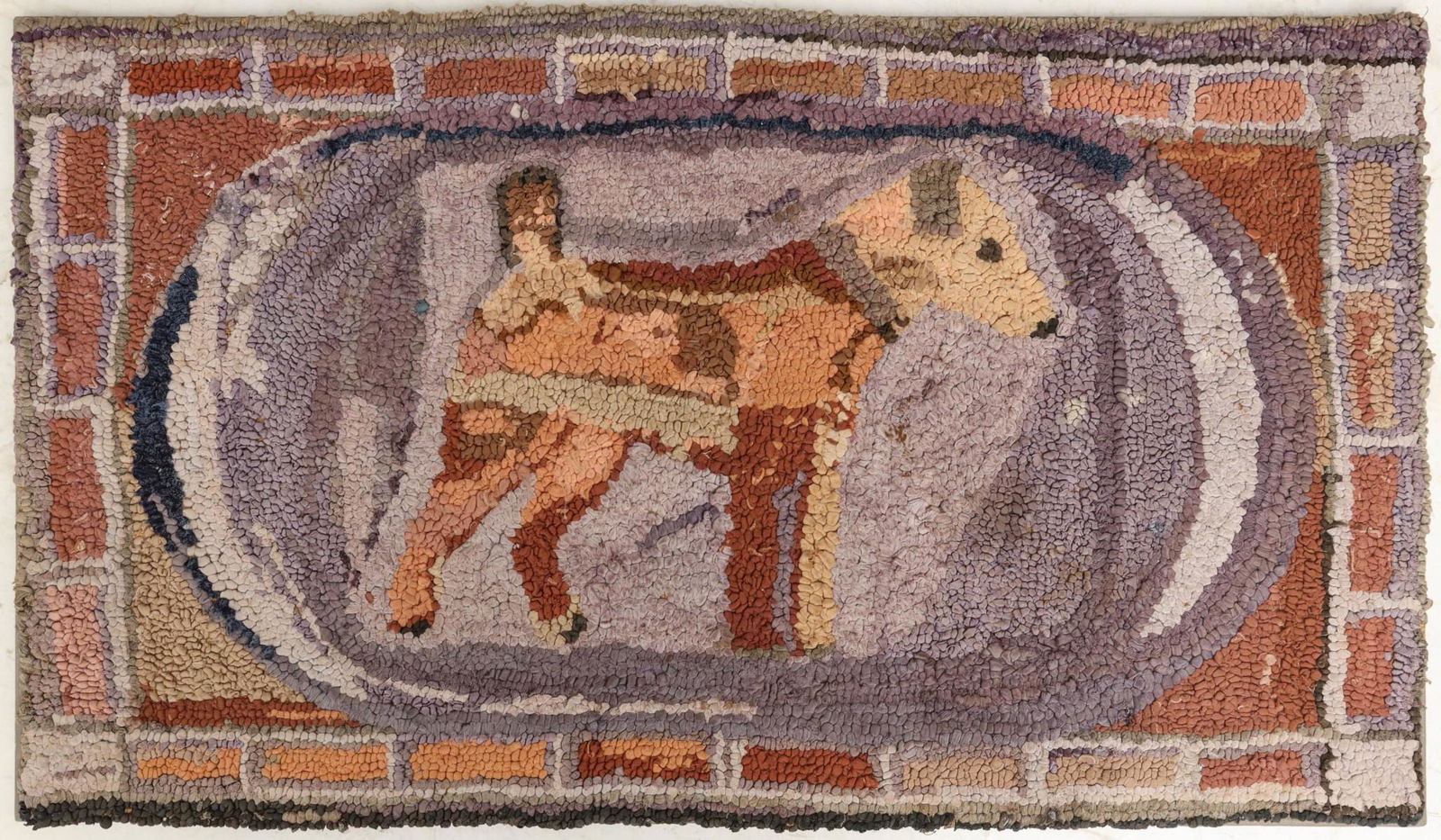 A VINTAGE HOKED RUG ON FRAME WITH TERRIER DOG (1 of 5)