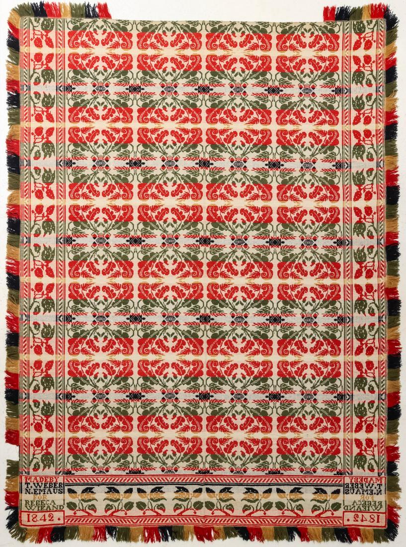 A WOVEN JACQUARD COVERLET SIGNED AND DATED 1842 (1 of 13)