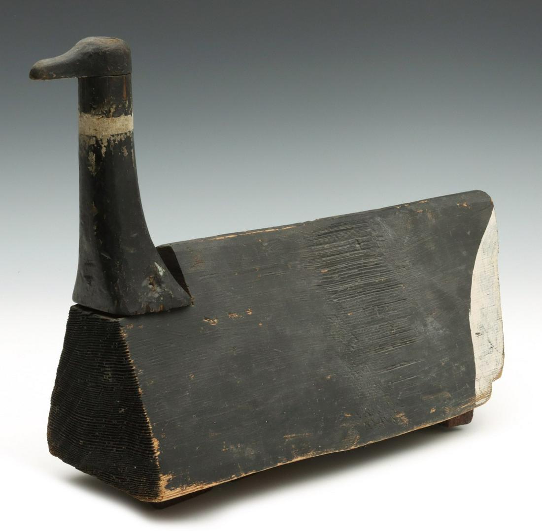 AN INTERESTING MAKE-DO FOLK ART GOOSE DECOY, & OTHERS: The great folky Canada Goose decoy with slightly out-of-proportion head and neck, solid wood tent-shape body with an interesting keel with: one bolt, one box end wrench, a chink of iron, and the iron 