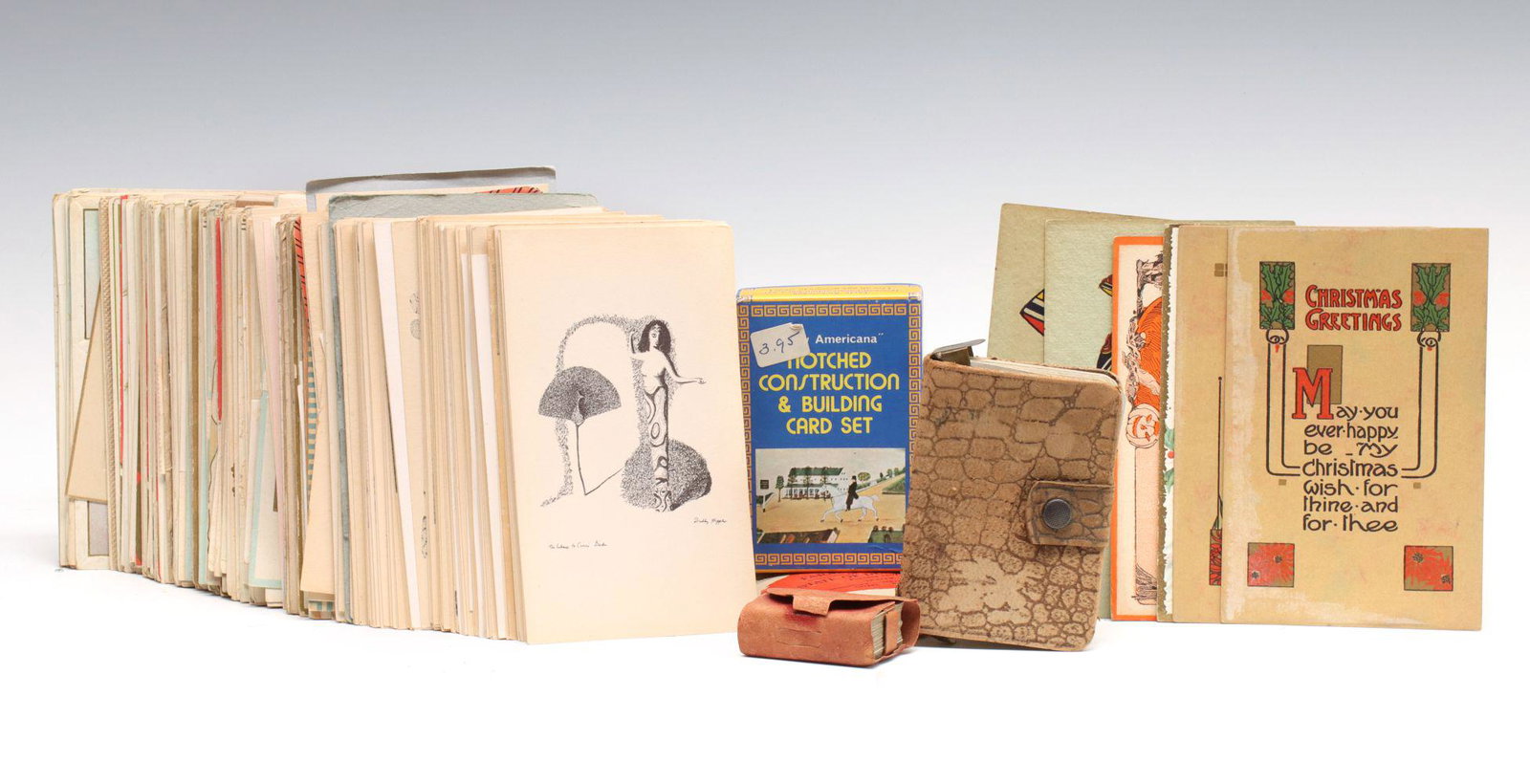 POST CARDS, SATIN-GLO PAINT PLAYING CARDS AND MORE: More than 100 antique and other post cards, mostly common examples, a 54 piece deck of advertising playing cards, Little Duke playing cards, and more as shown. We happily provide seamless in-house pac