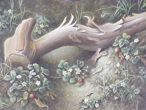 Roger Medearis (1920- ) Acrylic on Pa: Roger Medearis (1920- ) Acrylic on Panel titled "Strawberries in the Woods", measuring 18 X 24 inches. Very good condition and in its original frame made by the artist. Created in 1965, this work was