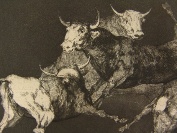 FRANCISCO JOSE DE GOYA ETCHING & AQUATINT: Image field 8.25 x 12.75 inches, impression plate size 9.5 x 14 inches, sheet 11 x 16.5 inches. Published by Francois Lienard, Paris, 1877 as LLUVIA DE TOROS (PLUIE DE TAUREAUX) . According to tag aff