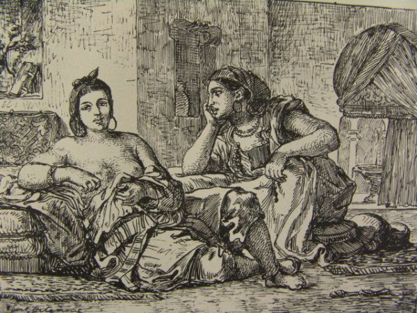 EUGENE DELACROIX (1798-1863) FEMME D'ALGIER LITHOGRAPH: Image field measures 6.25 x 8.75 inches, sheet 8.5 x 14.5 inches, lithograph published by Bertauts, Paris, in the 'Gazette des Beaux-Arts.' Penciled inventory number to bottom center, beneath mat.