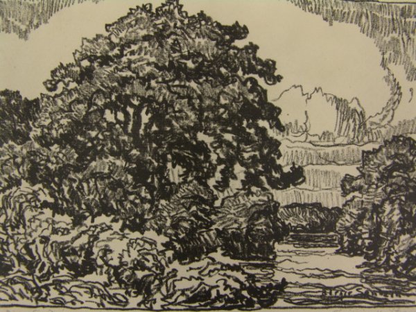 PENCIL SIGNED LITHO BY BIRGER SANDZEN (1871-1954): A 1923 lithograph titled 'The Friendly Stream.' Pencil signed by Sandzen lower left, titled lower right. Image size 7 x 10 inches. Archivally framed.