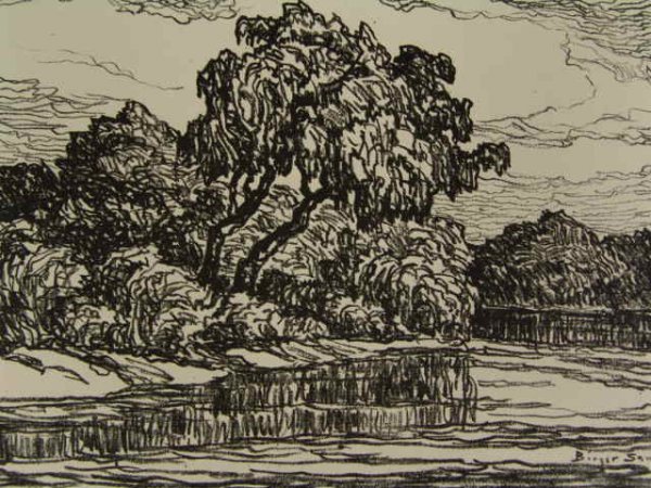 PENCIL SIGNED LITHO BY BIRGER SANDZEN (1871-1954): Lithograph titled 'Early Summer.' Pencil signed by Sandzen lower left, titled lower right. Image size 7 x 9 15/16 inches, sheet size 9.75 x 12.75 inches. Unmatted, unframed.
